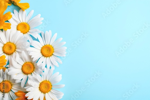 daisies on blue background. summer background with flowers. Ai generated.