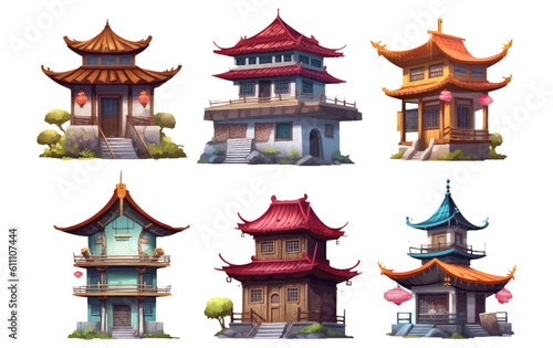 ui set vector illustration of japanese house city exterior isolate on white background