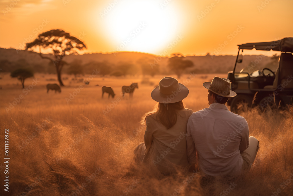 a couple on a safari sitting on grassland jeep and wildlife in the background sunset - obrazy, fototapety, plakaty 