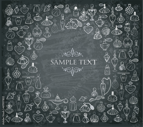 Design template with doodle perfume bottles and place for your text on blackboard background. Vector sketch illistration