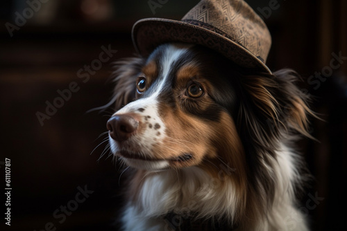 Cute funny and fancy dogportrait with hat. Ai generated