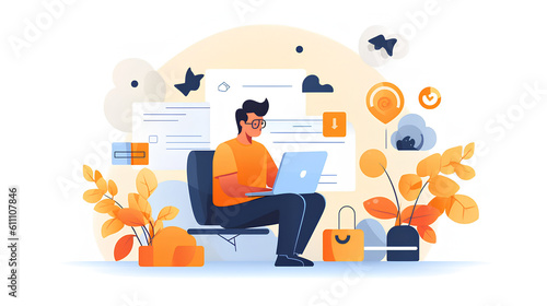 ビジネス, ビジネスイラスト, ブログ, イラスト、おしゃれ、プレゼン、パソコン、ブログを書く人