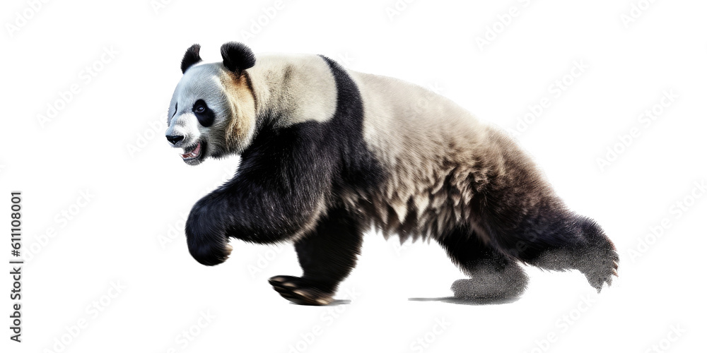 a majestic Giant Panda bear in motion, running, trotting,  Wildlife-themed, photorealistic illustrations in a PNG, cutout, and isolated. Generative AI