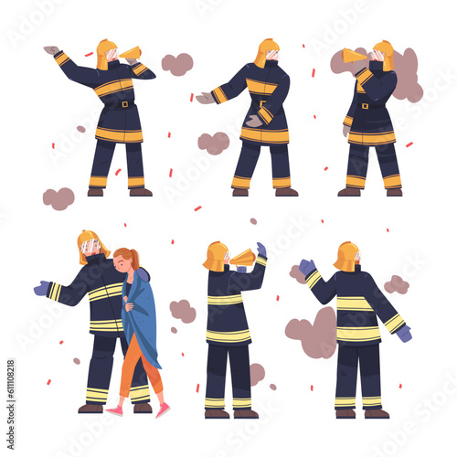 Man Firefighter Character Standing with Megaphone Warning About Emergency or Danger Vector Illustration Set