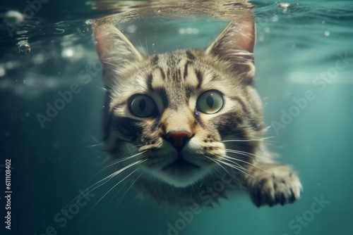 Animal and nature concept. Domestic funny looking cat diving in water. Generative AI