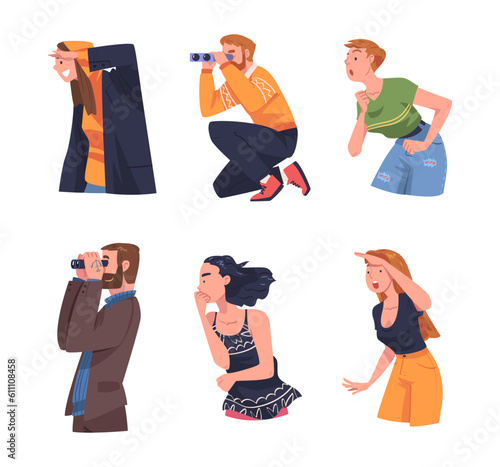 People Character Looking at Something Interesting with Different Face Expression Vector Set