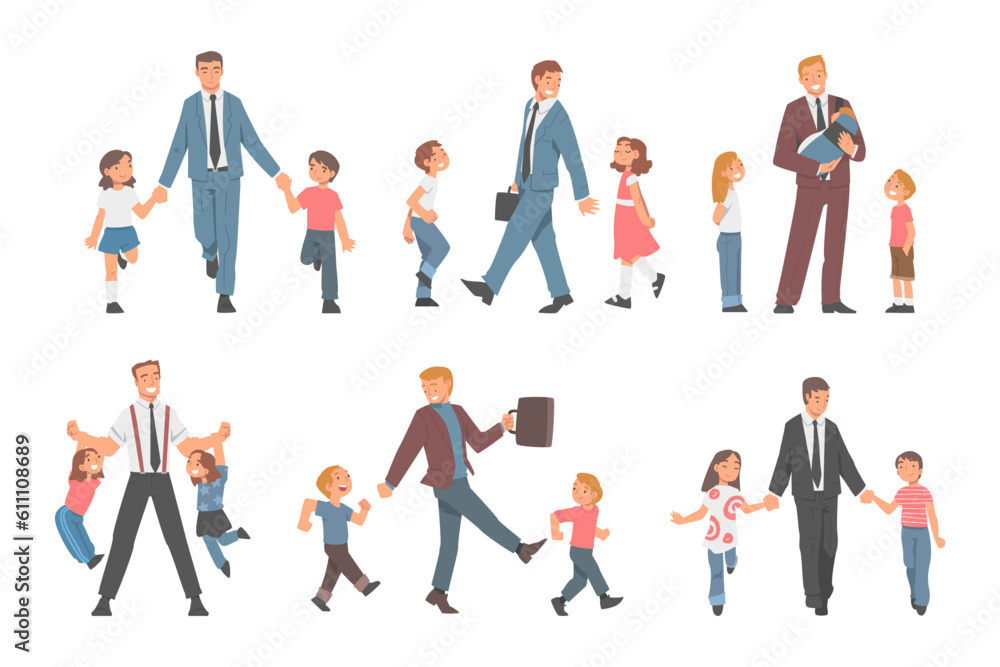 Dad Businessman Wearing Suit and Tie Walking and Playing with His Son and Daughter Vector Set
