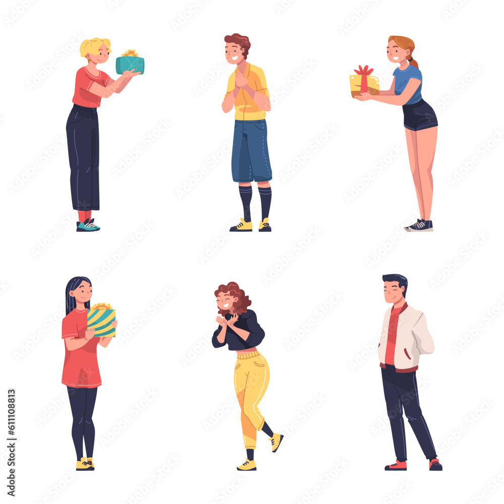 Man and Woman Character Give Gift Box Engaged in Holiday Congratulation Vector Illustration Set Man and Woman Character Give Gift Box Engaged in Holiday Congratulation Vector Illustration Set