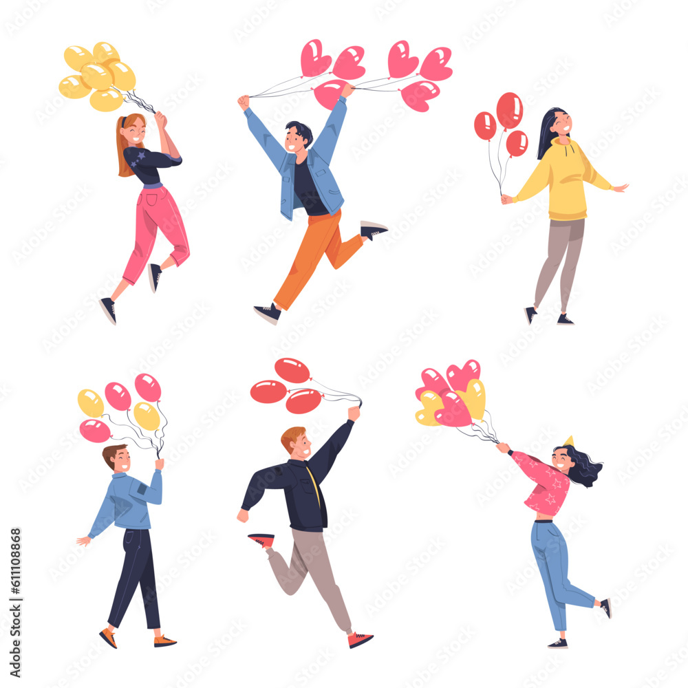 Man and Woman Going On Birthday Holiday Vector Illustration Set