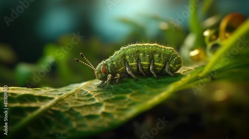 a caterpillar walking on the green leaf, generative ai photo