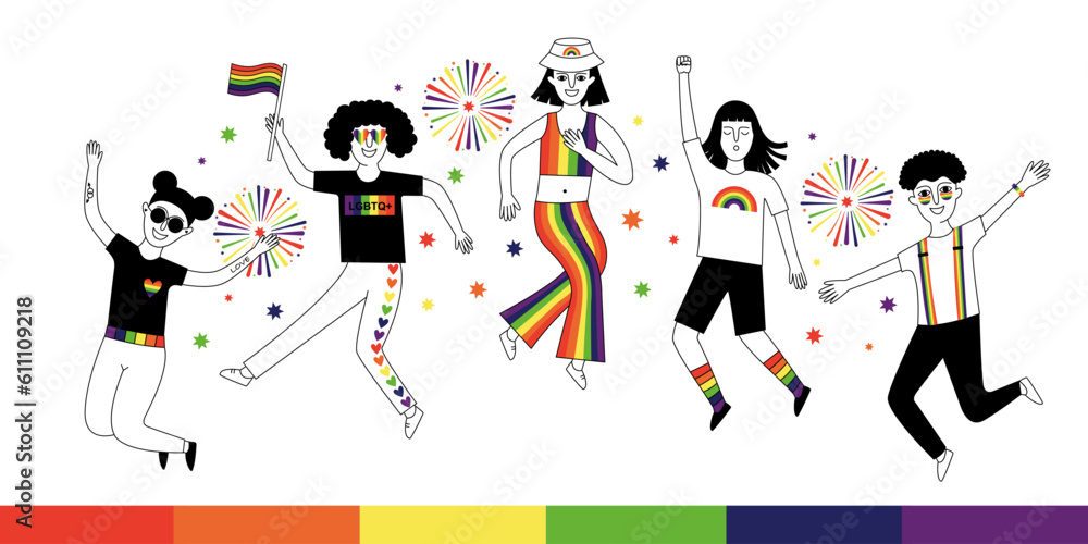 Obraz premium Happy people take part in the Pride Parade. Vector doodle illustration.