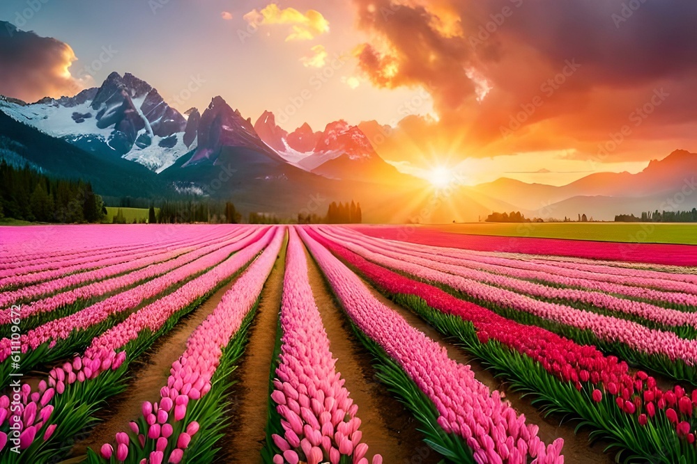 field of pink tulips