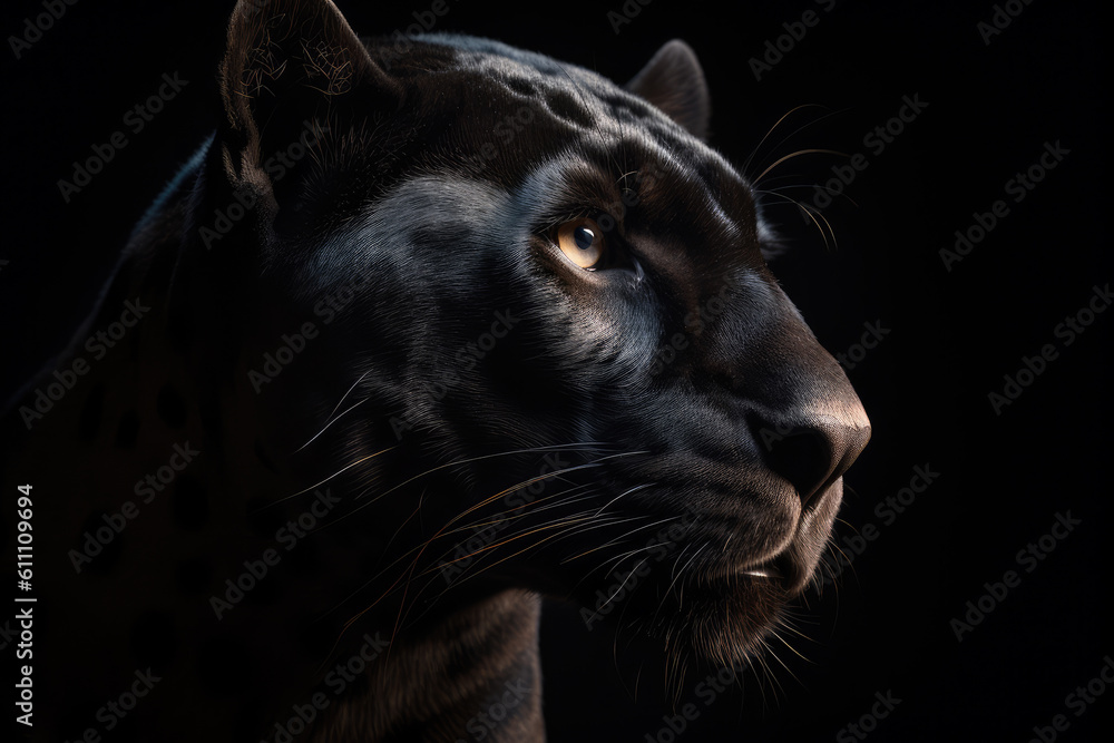 black panther looking forward, black background, hyperrealistic photography, ai generated.