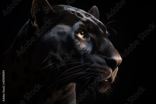 black panther looking forward, black background, hyperrealistic photography, ai generated.