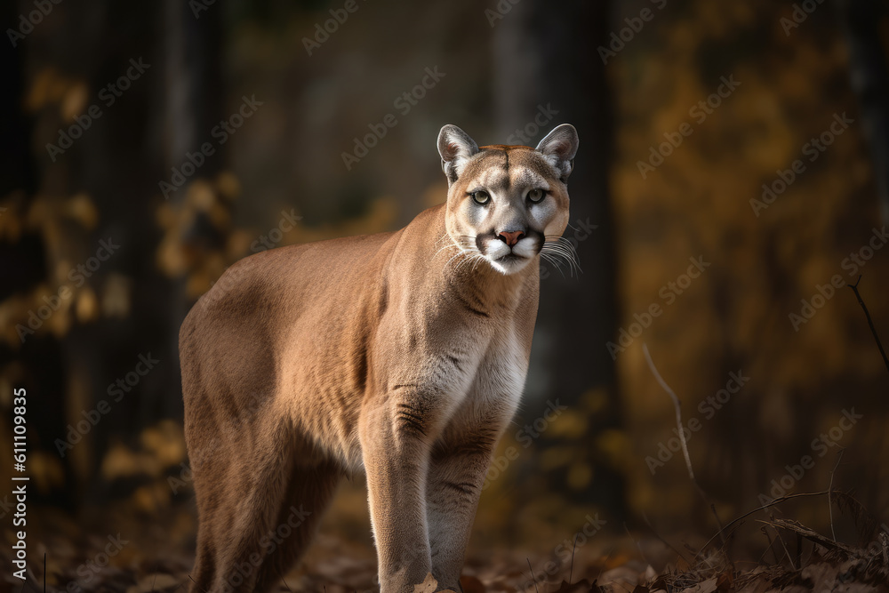 Fototapeta premium puma looking at the camera, beautiful background, dense forest background, ai generated.