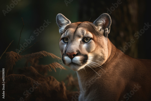 puma looking at the camera, beautiful background, dense forest background, ai generated.