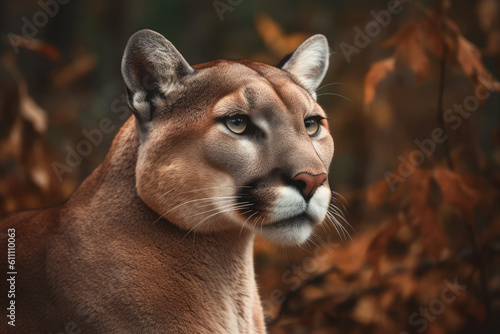 puma looking at the camera, beautiful background, dense forest background, ai generated.