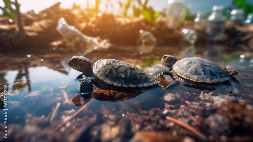 Obraz premium Turtle among plastic and garbage pollution in the ocean. Packages and bottles in water. Problems of environmental ecology. Generative AI