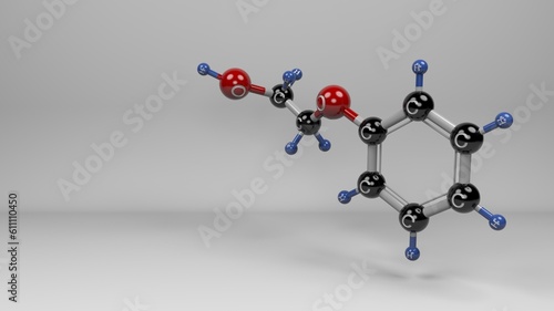 Phenoxyethanol molecule. Molecular structure of Ethylene glycol monophenyl ether. Versatile compound used in various industries as solvent, repellent, antiseptic, and preservative.  photo