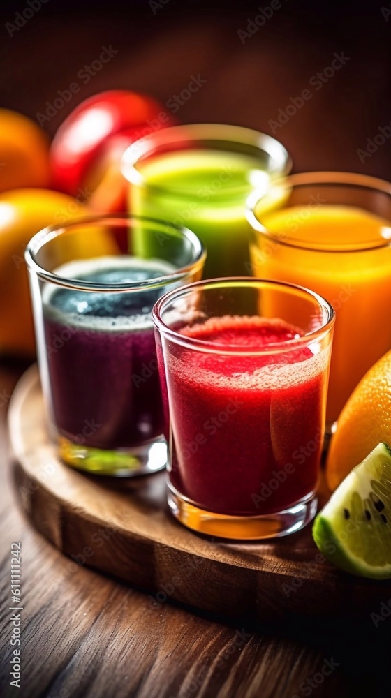 Glasses of Colorful juices on wooden background. AI generated Glasses of Colorful juices on wooden background. AI generated