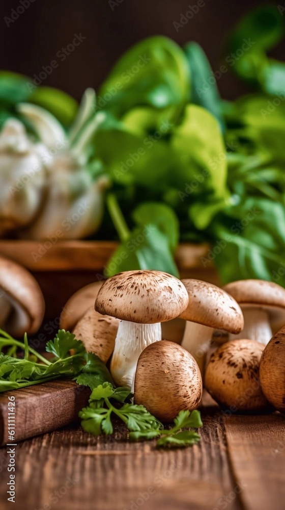 Fresh mashrooms and grass on wooden background. AI generated Fresh mashrooms and grass on wooden background. AI generated