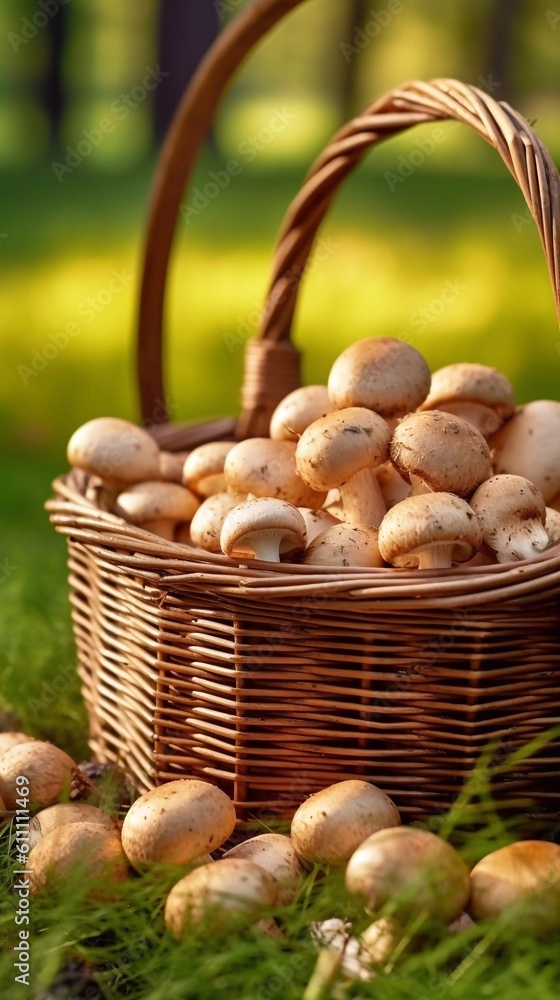 Organic Mashrooms in wicker basket in forest. AI generated Organic Mashrooms in wicker basket in forest. AI generated