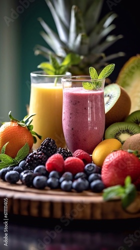 Glasses with Healthy fruit and berries smoothies on wooden tray  ai generation