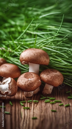 Fresh mashrooms and grass on wooden background. AI generated
