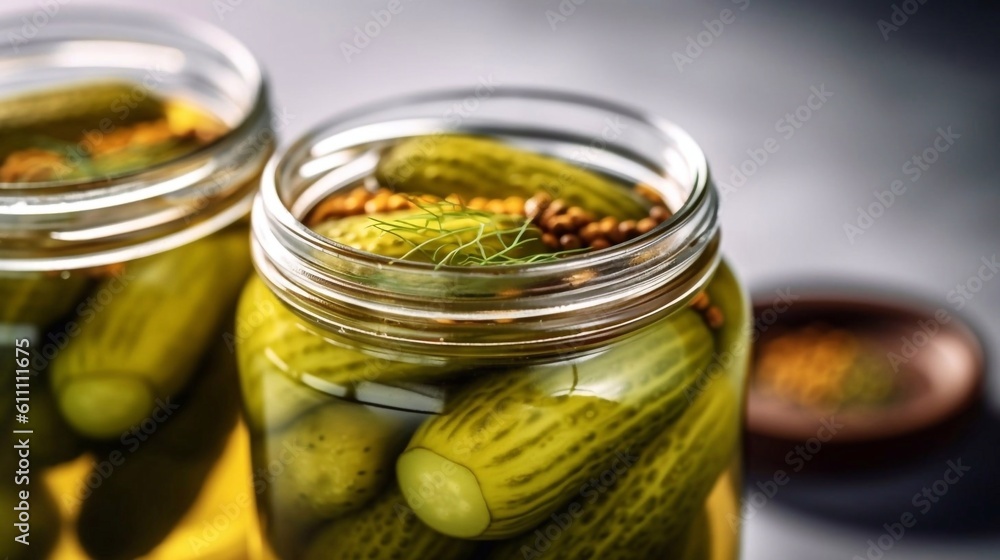 Pickled spicy cucumbers in jars. Preservations season. AI generated Pickled spicy cucumbers in jars. Preservations season. AI generated