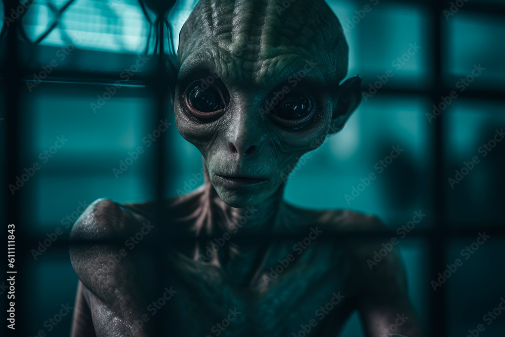 Sad alien, captured and imprisoned. Generative AI Sad alien, captured and imprisoned. Generative AI