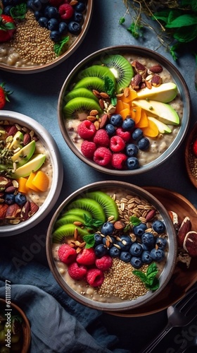 Porridge with fruits and berries in bowls, healthy breakfast concept. Top view, AI generation