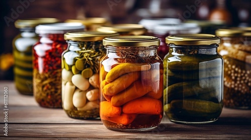 Pickled vegetables in jars. Assortment of Preservations. AI generated