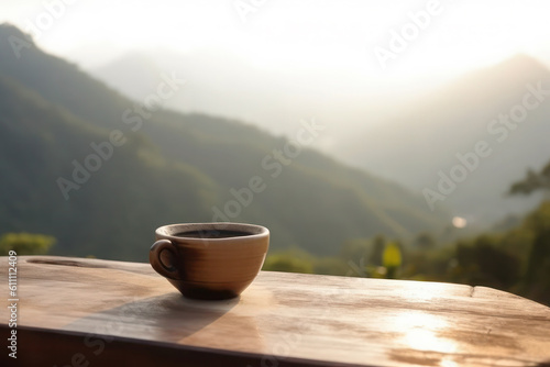 Morning cup of coffee with mountain at sunrise. mug of tea at sunset. ai, ai generative, generative ai, neural network