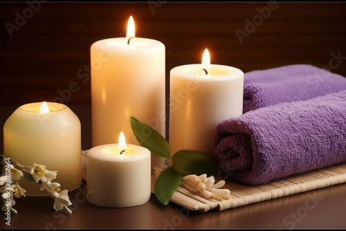massage salon. candles and towels. Beauty spa treatment and relax concept. ai, ai generative, generative ai
