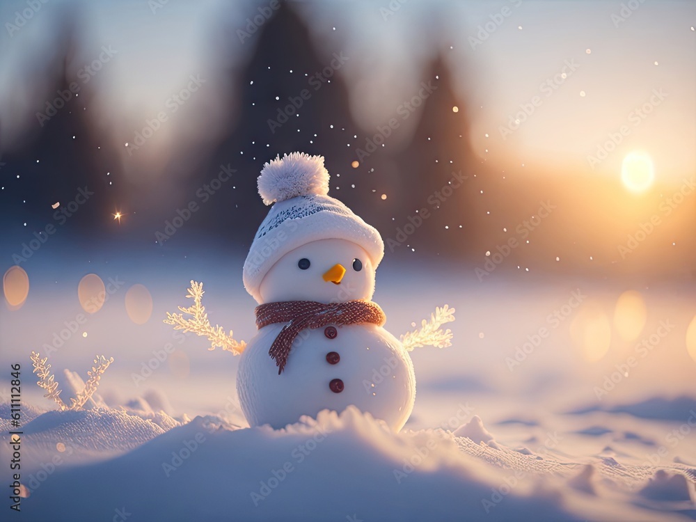 Obraz premium cute snowman standing on snowy field. ai generative