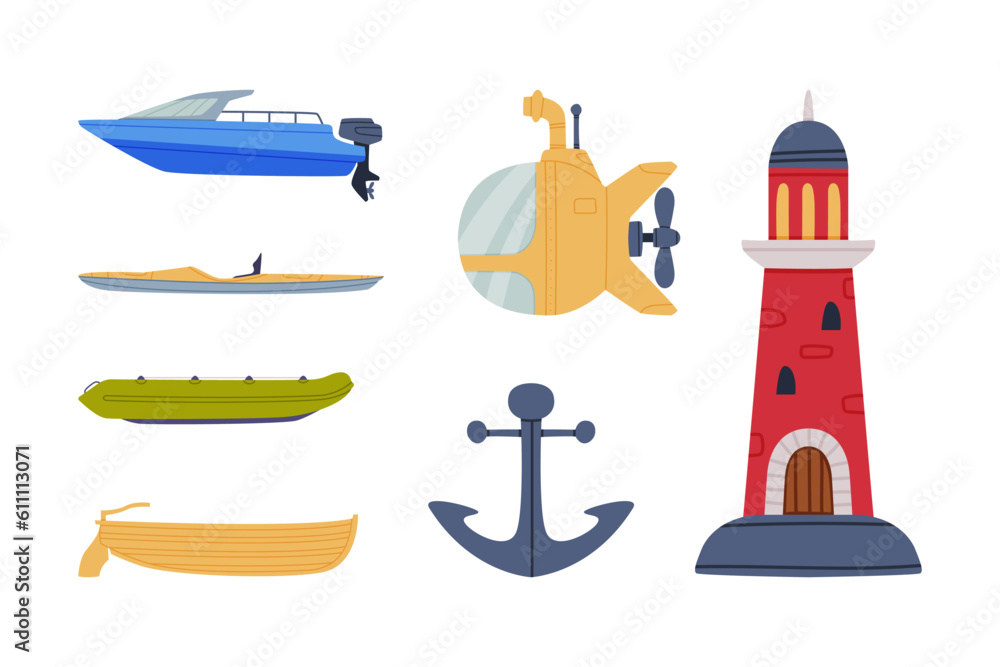 Motorboat, Submarine, Anchor and Lighthouse Vector Illustration Set Motorboat, Submarine, Anchor and Lighthouse Vector Illustration Set