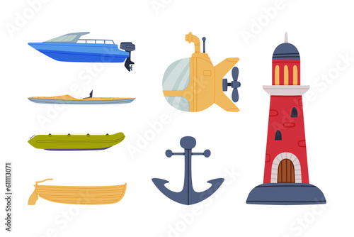 Motorboat, Submarine, Anchor and Lighthouse Vector Illustration Set