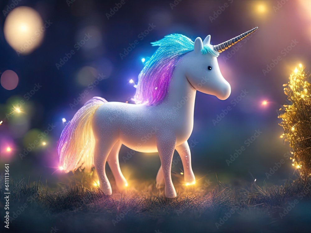 cute multicolor unicorn standing the world fairy light. ai generative