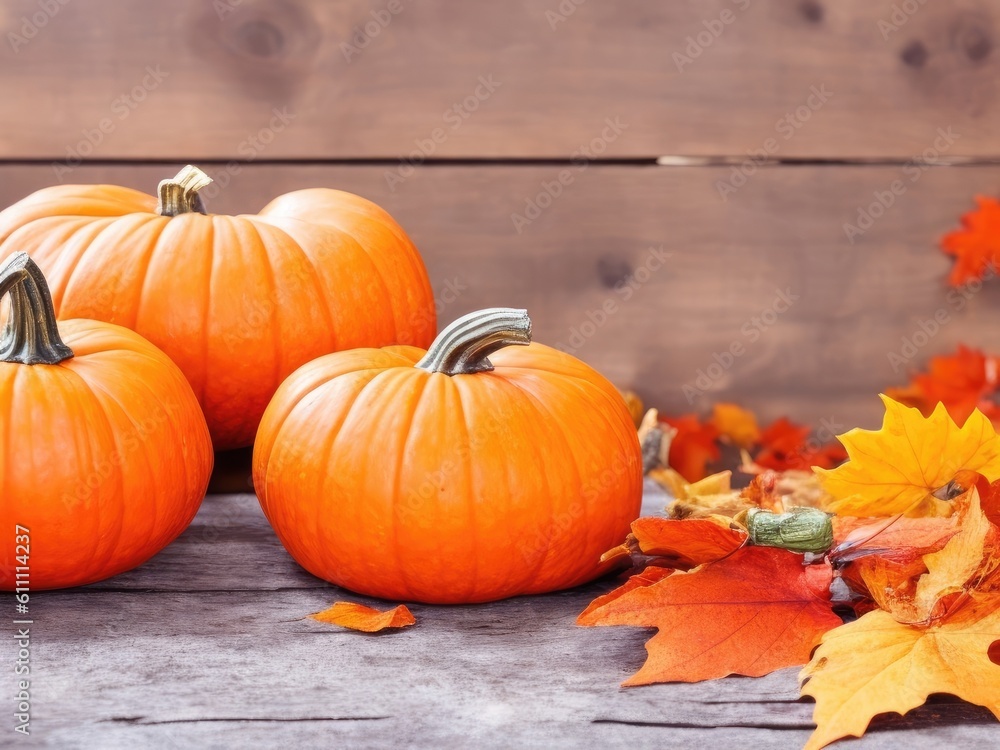 Autumn decorative pumpkins with fall leaves on wooden background. ai generative Autumn decorative pumpkins with fall leaves on wooden background. ai generative