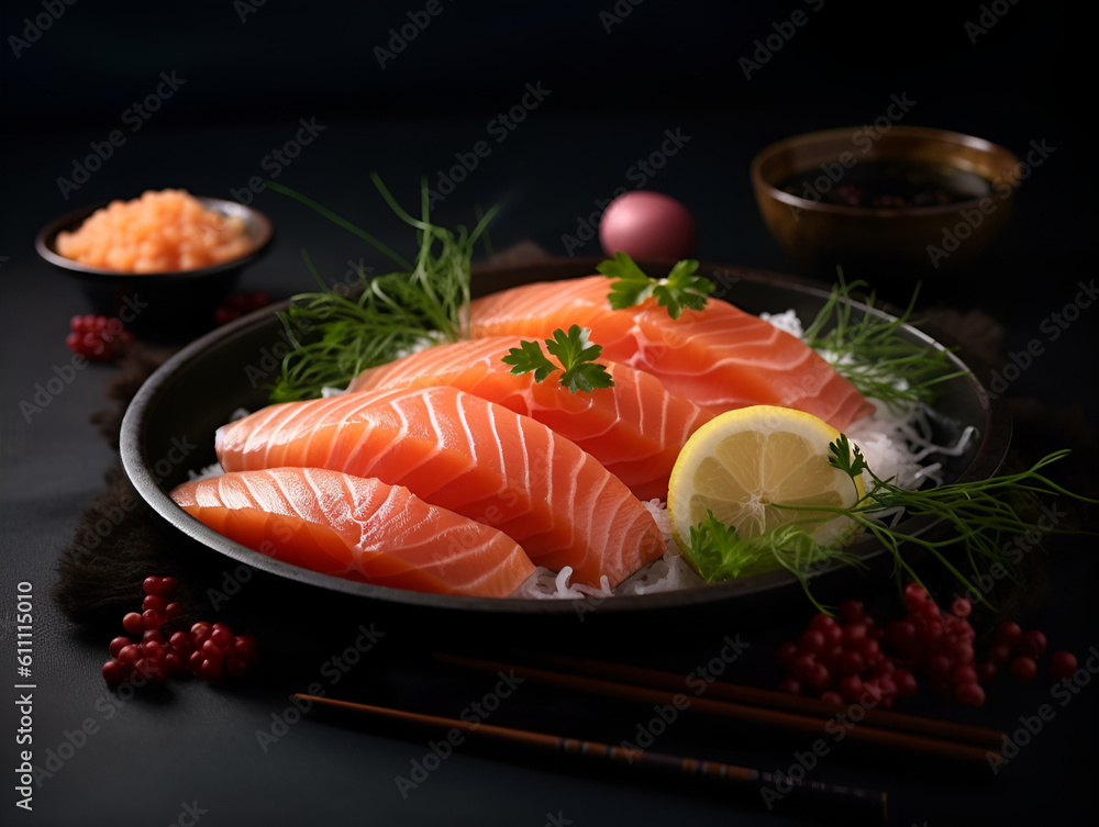 Raw salmon slices or salmon sashimi in Japanese style. Fresh raw salmon sliced and served on black plate with lemon and ponzu sauce. Asian food concept. Generative AI Raw salmon slices or salmon sashimi in Japanese style. Fresh raw salmon sliced and served on black plate with lemon and ponzu sauce. Asian food concept. Generative AI