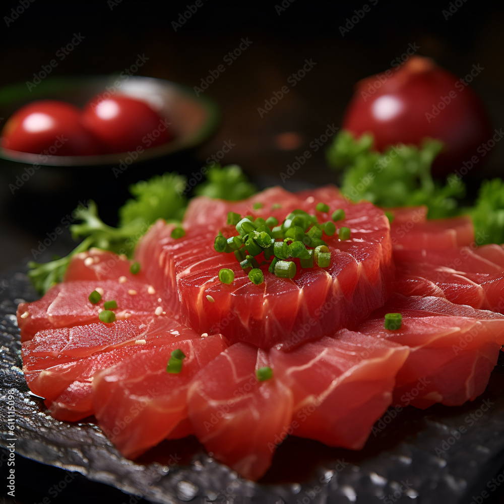 Raw tuna slices or tuna sashimi in Japanese style. Fresh raw tuna sliced and served on a black wooden board, close up. Asian food concept. Generative AI Raw tuna slices or tuna sashimi in Japanese style. Fresh raw tuna sliced and served on a black wooden board, close up. Asian food concept. Generative AI