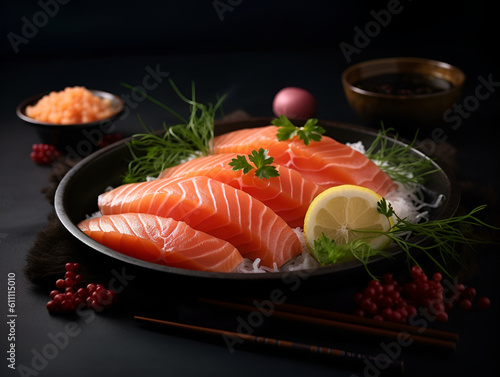 Raw salmon slices or salmon sashimi in Japanese style. Fresh raw salmon sliced and served on black plate with lemon and ponzu sauce. Asian food concept. Generative AI