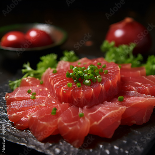 Raw tuna slices or tuna sashimi in Japanese style. Fresh raw tuna sliced and served on a black wooden board, close up. Asian food concept. Generative AI