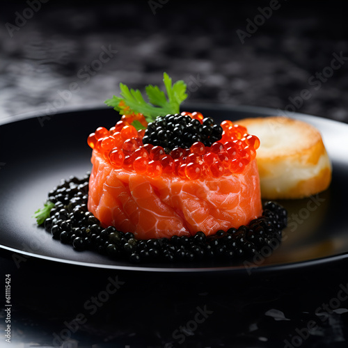 Raw salmon tartare with black and red caviar and a glass of white wine on restaurant table. Fresh salmon starter served in a black plate on dark table, fine dining, restaurant appetizer. Generative AI