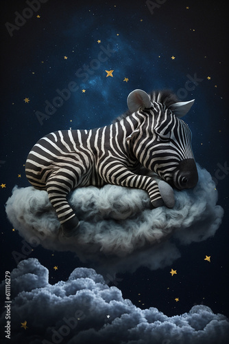 Adorable baby zebra animal sleeping on fluffy clouds. Generative ai