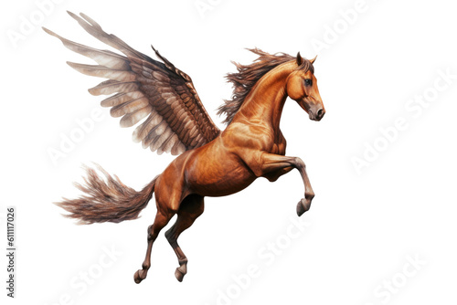 a majestic Pegasus  the winged horse  flying  Mythology-themed  photorealistic illustrations in a PNG  cutout  and isolated. Generative AI