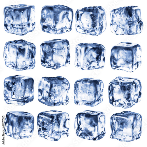 Set of beautiful naturally uneven ice cubes isolated on a black background. © Vasilii