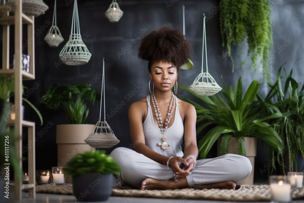 Young black woman sitting on the floor and meditating in a beautiful room in her home Young black woman sitting on the floor and meditating in a beautiful room in her home