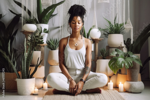 Young black woman sitting on the floor and meditating  in a beautiful room in her home