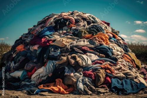 Pile of textile and clothing waste. The concept of climate change as consequence of excessive consumption. Generative AI